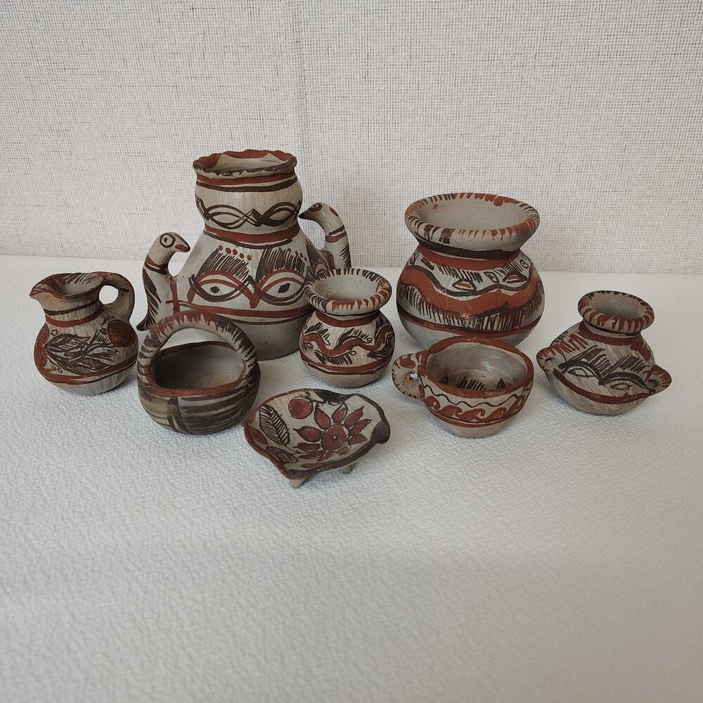 Vintage Mexican Folk Art Mini Pottery 9pc Tonala Style Boho Southwestern Clay